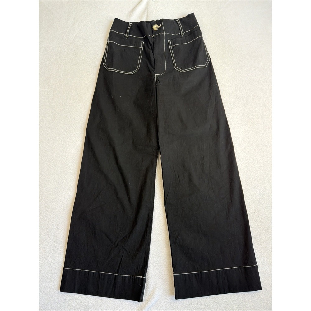 Maeve Anthropologie The Colette Cropped Contrast-Stitch Wide Leg Pants Black 27
